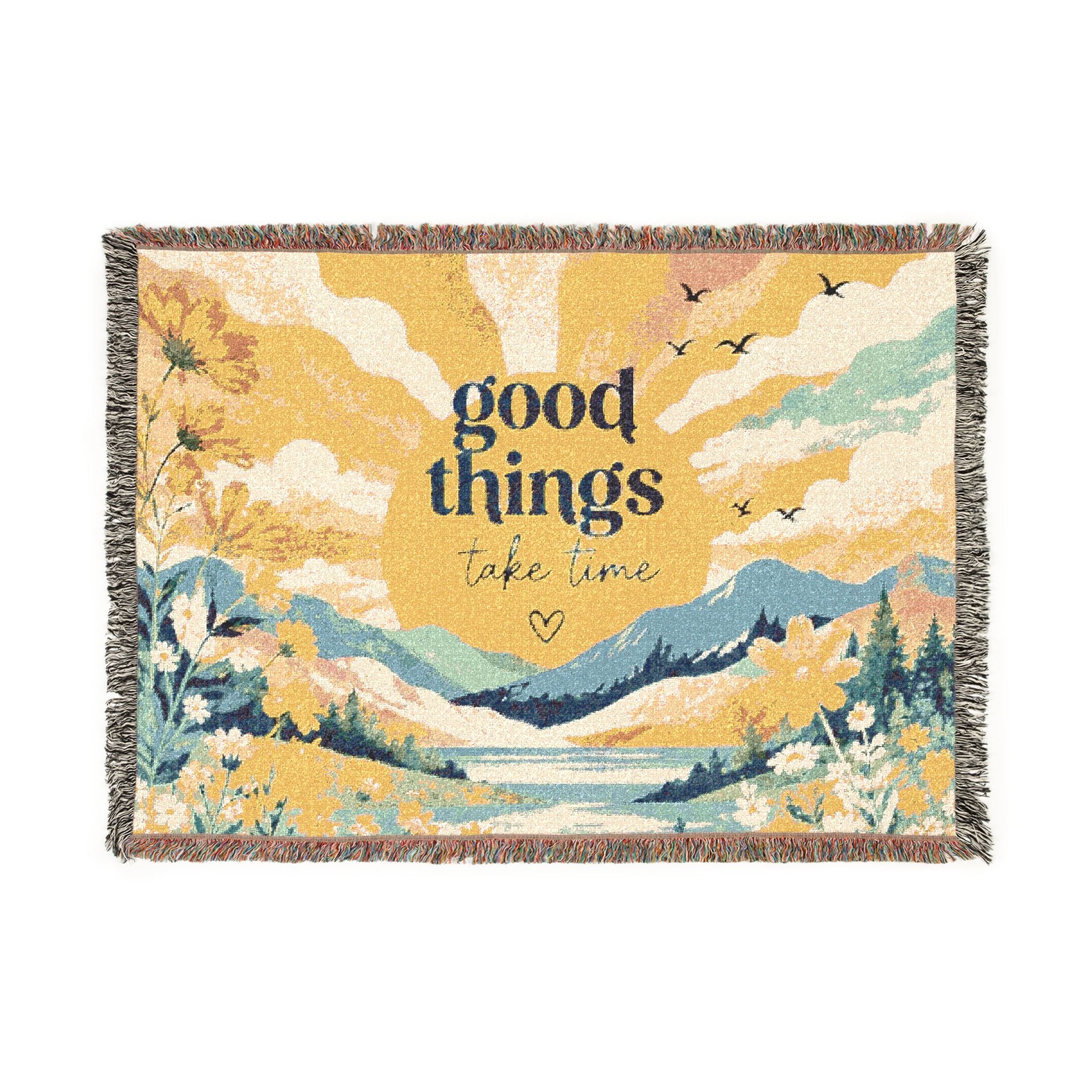 Good Things Take Time woven blanket | Scenic sunrise mountain tapestry
